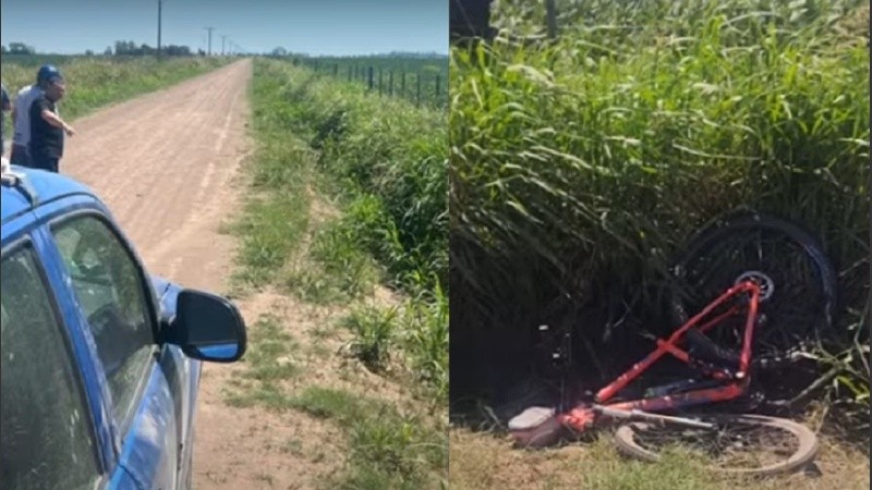 El lugar donde el auto la embistió, y dejó la marca de las ruedas desviadas de la ruta de tierra/ la bicicleta rota.