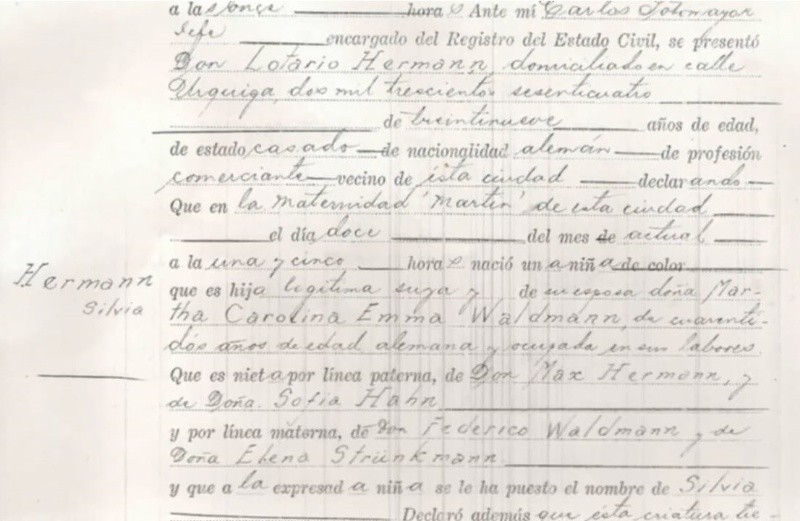 &nbsp;Parte del acta de nacimiento de Silvia Hermann donde se detalla que nació en 1941 en la Maternidad Martin.