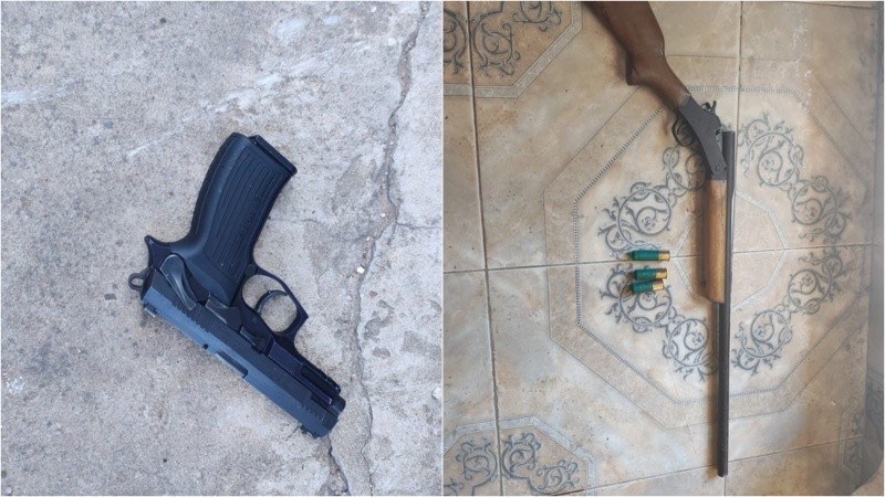 Las armas incautadas en la escena de la entradera con un asaltante fallecido en Pérez.