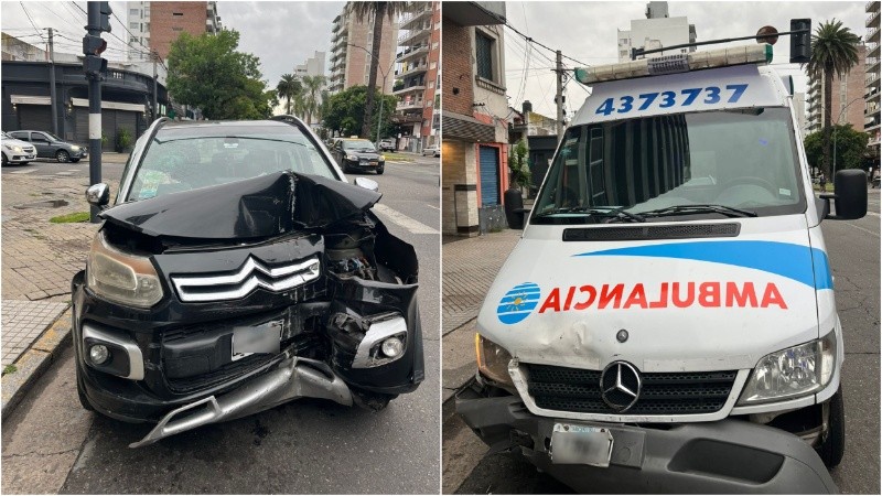 El choque involucró en la calle a un auto y una ambulancia, pero también resultó dañado un tercer vehículo: un coche que estaba estacionado en un garage.