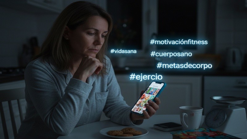 Una mujer mira sus redes sociales plagadas de posteos sobre salud y estética corporal (Géminis)&nbsp;