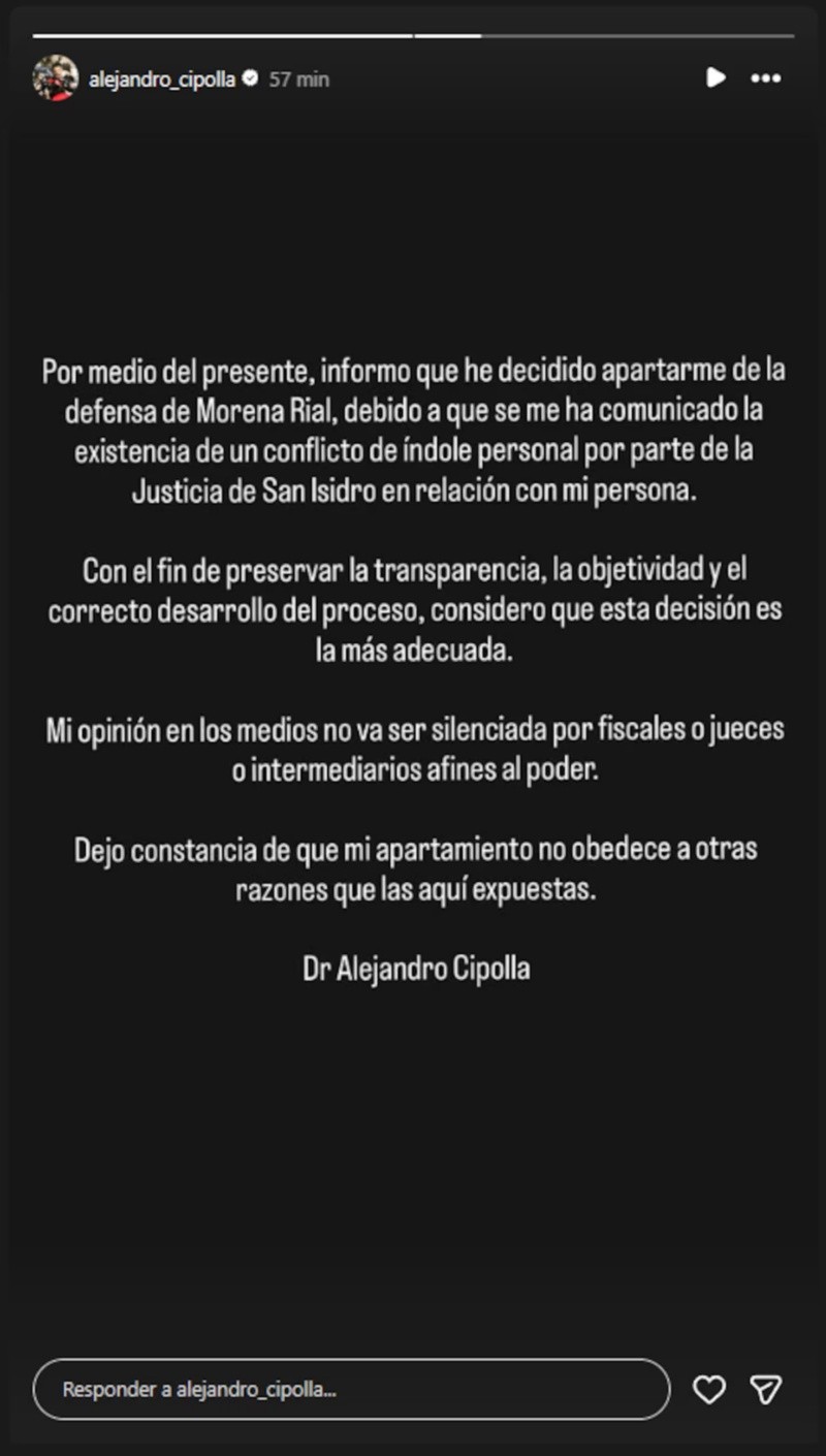 El comunicado de&nbsp;Cipolla en redes sociales.