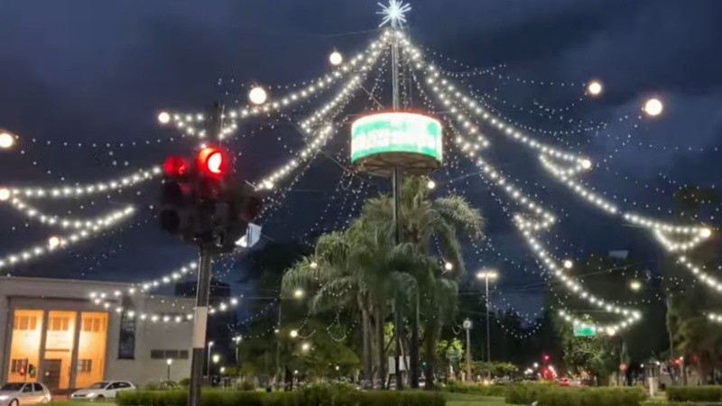 El árbol de Rosario bajo la tormenta este miércoles a la noche.