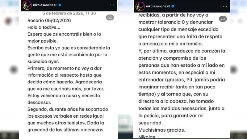 &nbsp;El texto que el tenista compartió en sus redes sociales. 