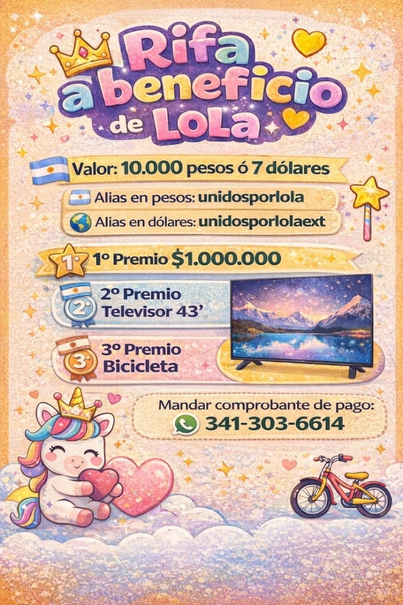 &nbsp;Quienes deseen colaborar pueden hacerlo comprando números de la rifa mediante transferencia al alias UNIDOSPORLOLA o comunicándose por WhatsApp al 341 303 6614. 