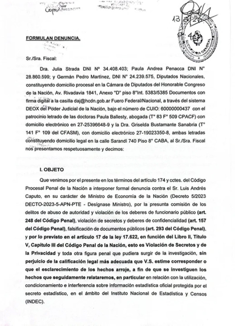 La denuncia formal contra Caputo.&nbsp;