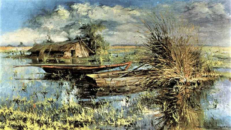 &nbsp;Un fresco de óleo de Raúl Domínguez que retrata casas y embarcaciones del Charigué, donde frecuentaba.