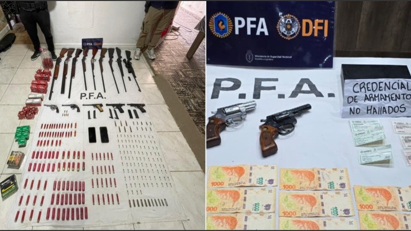 Las armas secuestradas en Cañada de Gómez y en el barrio Acindar de Rosario.