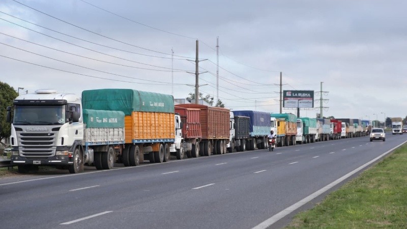 Uno detrás de otro, los camiones con el cereal que van a los puertos del Gran Rosario.