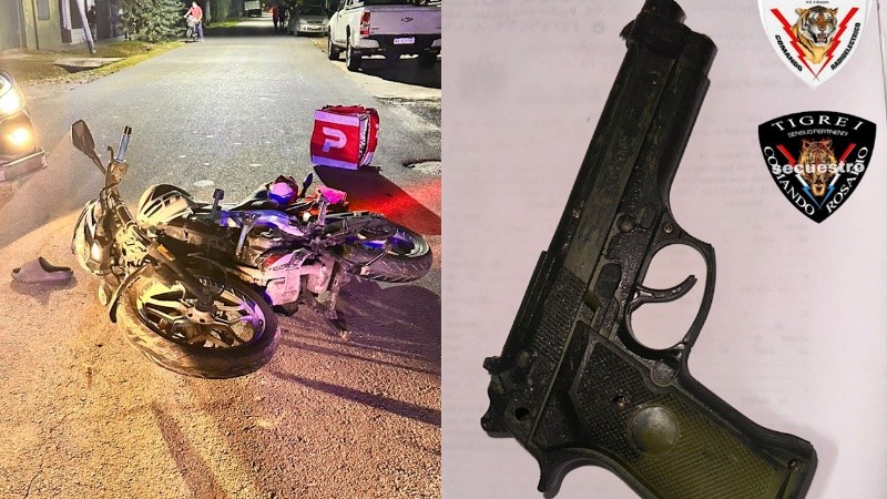 La moto robada y la réplica de pistola usada para cometer el asalto.