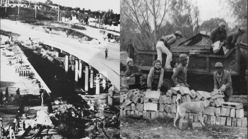 Fotos de la obra del puente sobre el Brazo Sur del Arroyo Saladillo, Acceso Sur- Puerto Rosario (Revista Vivienda Nº 230. 1981) y del desmantelamiento de vivienda precarias (Diario La Capital,1977).