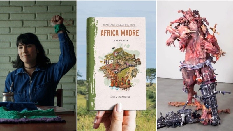 Una escena del documental “ILEgal”, portada del libro “África Madre. La manada” y la obra “Nihil guiando al pueblo”.