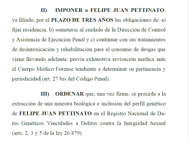 Las normas impuestas a Felipe Pettinato en la condena.