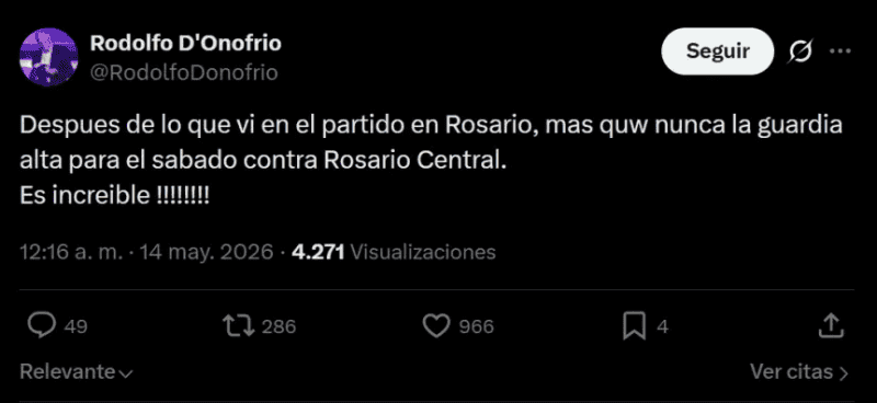 El tuit del ex presidente de River Plate, Rodolfo D’Onofrio.