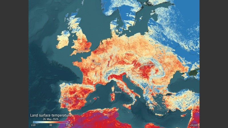 La imagen de Copernicus del 29 de mayo de 2026 muestra a Londres 16°C por encima de su media.