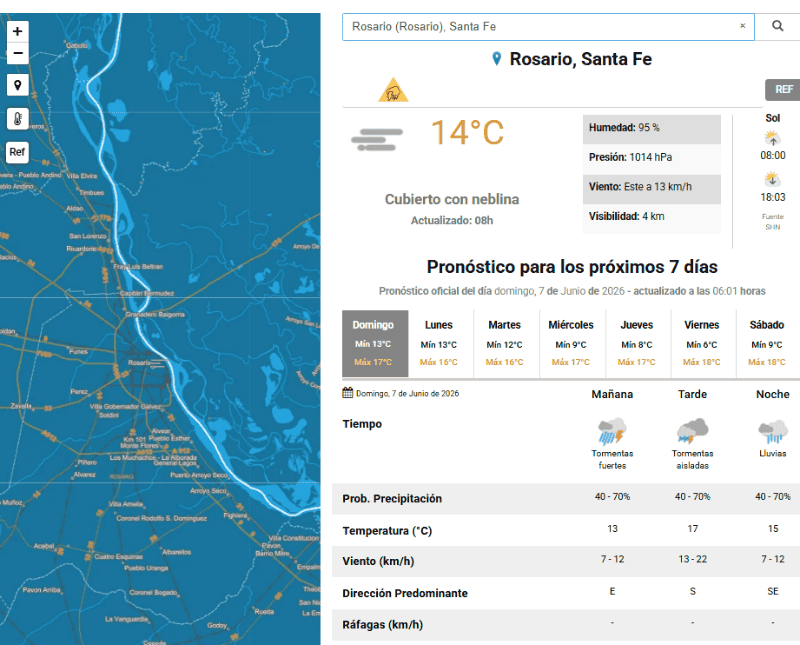 El clima en Rosario, según el SMN.&nbsp;
