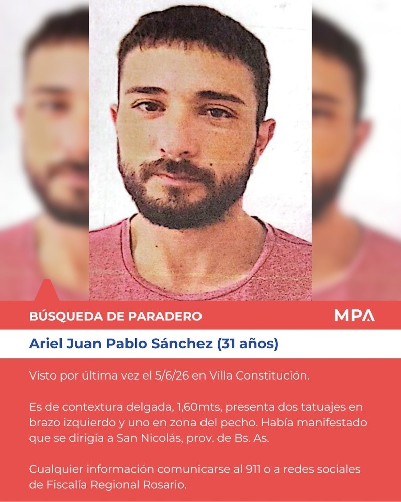 Sánchez fue visto por última vez el 5 de junio pasado cuando se retiró de su domicilio en zona de calle Eva Duarte de Perón al 1500 de Villa Constitución, tras manifestar que se dirigía a San Nicolás, en provincia de Buenos Aires.