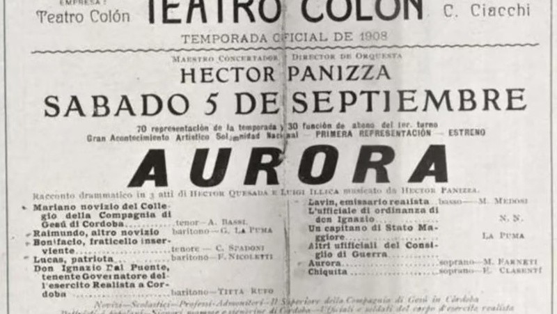 El aviso original del estreno de Aurora en el Teatro Colón, el 5 de septiembre de 1908.