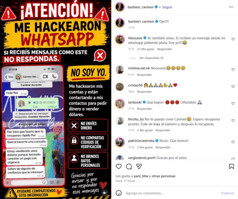 El posteo que subió Carmen a sus redes sociales tras el hackeo.&nbsp;