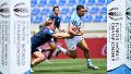 El rosarino Benjamín Ordiz de Los Caranchos, ingresó y en las primeras acciones apoyó su try a pura potencia. Crédito: Tamuna Kulumbegashvili / Gaspafotos