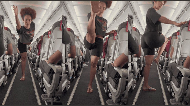 La influencer del fitness está siendo duramente criticada por practicar yoga durante su vuelo.