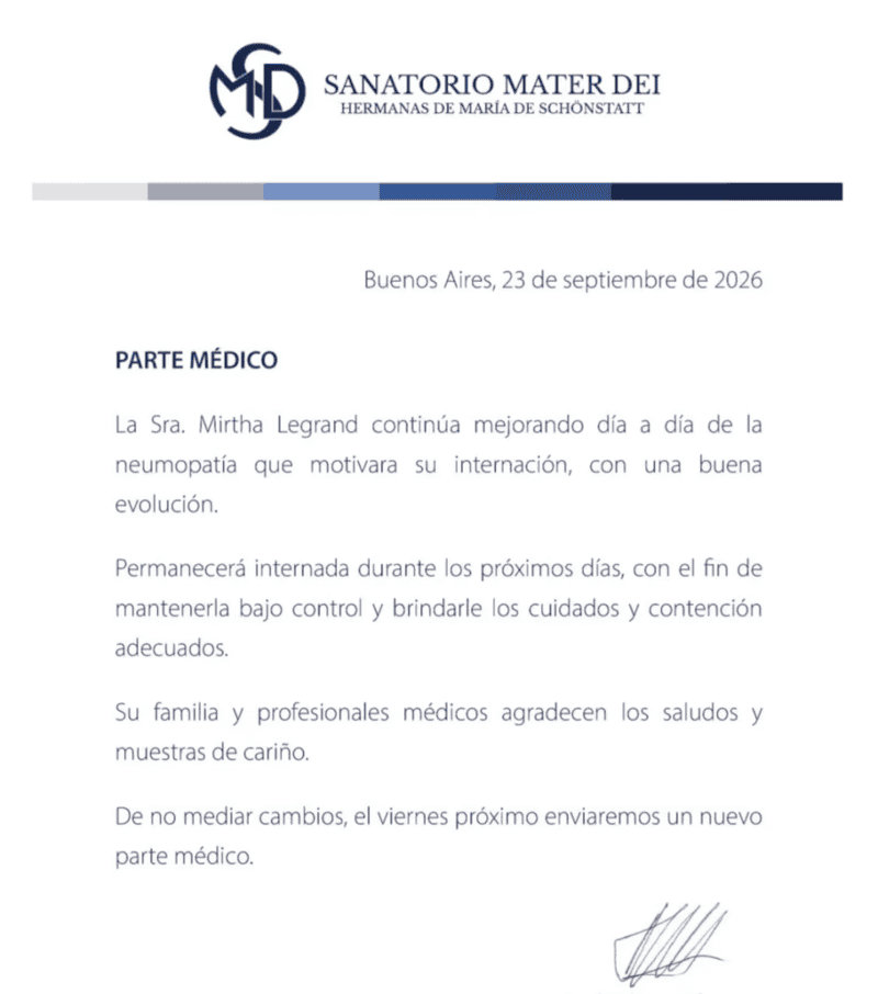 &nbsp;El parte médico del Mater Dei de este miércoles 23 de septiembre.