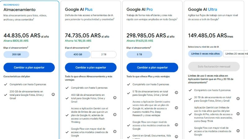 Los precios pesificados de Google One&nbsp;