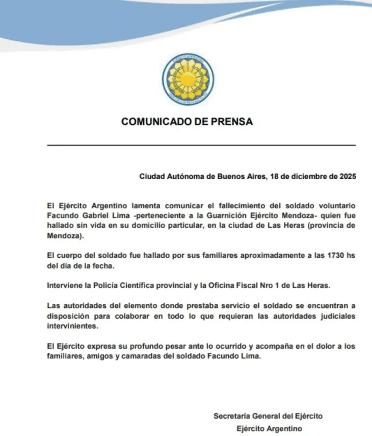 &nbsp;El Ejército Argentino expresó su profundo pesar por la muerte del joven soldado.