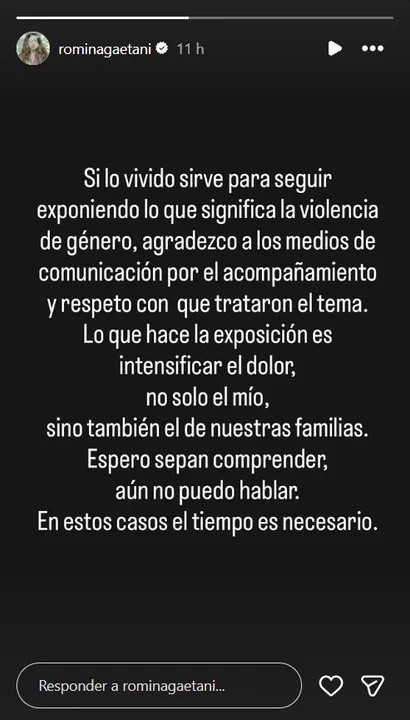 El mensaje de Romina Gaetani en su cuenta de la red social Instagram.