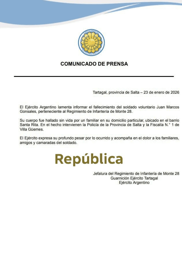 El comunicado del Regimiento de Infantería. Crédito: República Noticias Tartaga&nbsp;