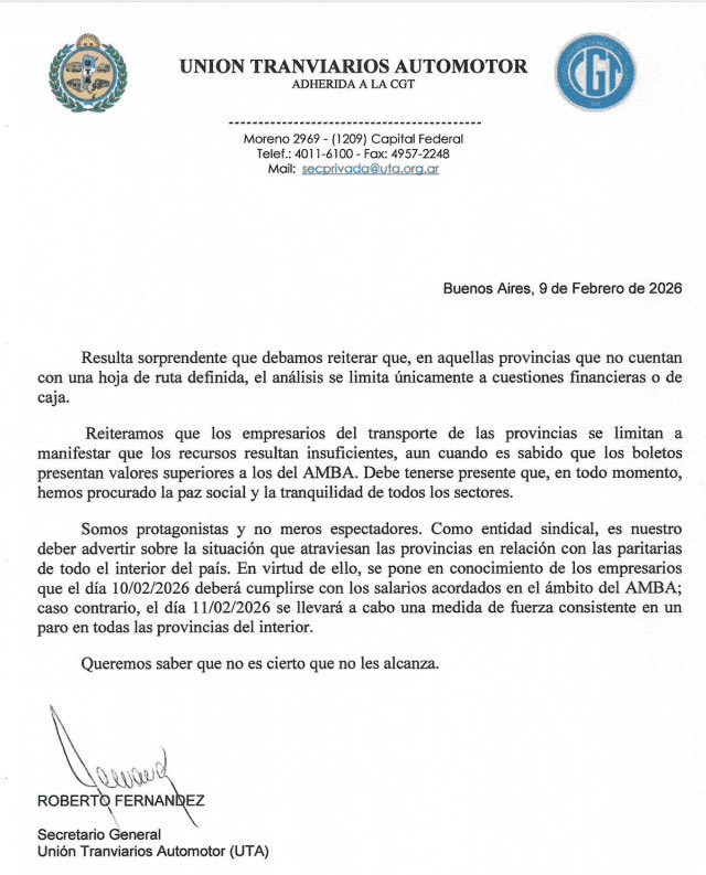 El comunicado emitido por la UTA este lunes.&nbsp;