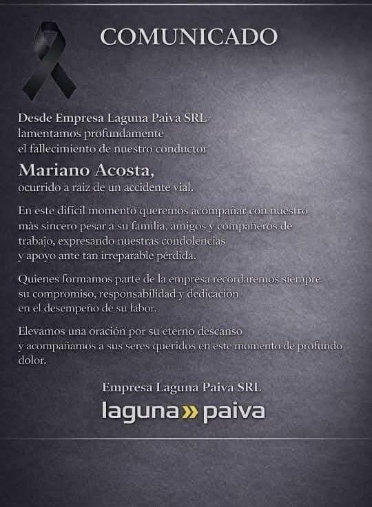 El comunicado de la empresa Laguna Paiva para la familia de su trabajador fallecido en el choque&nbsp;