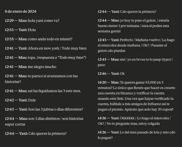 Los supuestos chats entre Yanina Latorre y Mauricio Novelli. (Foto: Instagram/ @ferigleok).