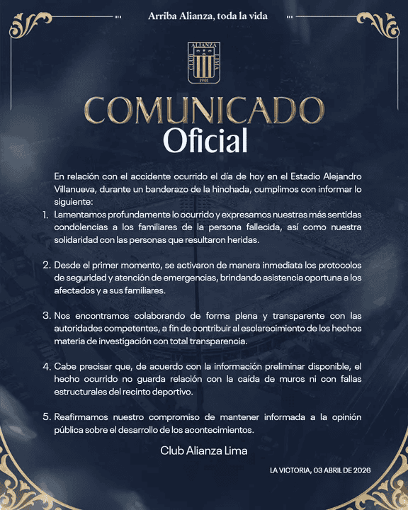 El comunicado de Alianza Lima.&nbsp;