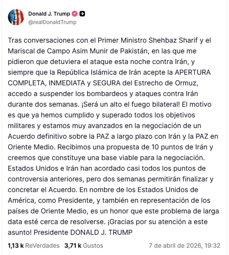 &nbsp;El mensaje de Trump en la red Truth.