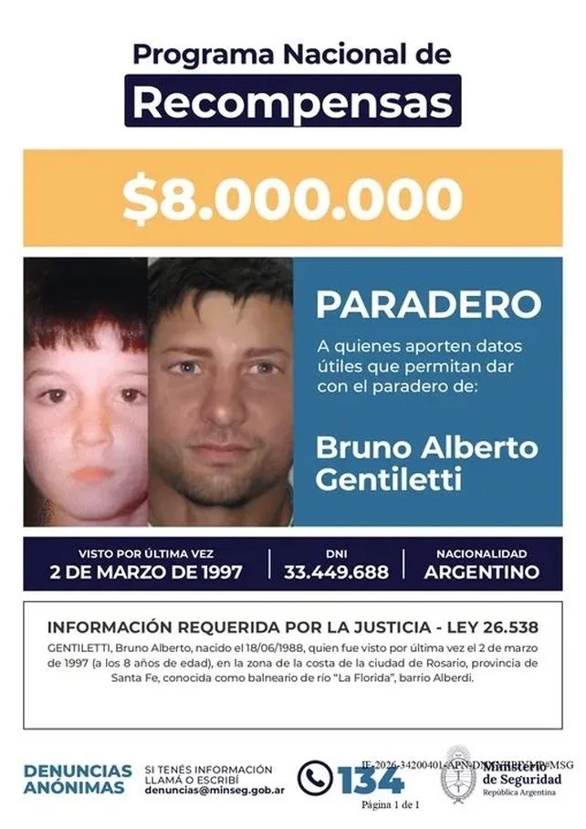 La recompensa oficial para quienes aporten datos útiles sobre el paradero de Bruno Gentiletti, desaparecido en Rosario hace 30 años.