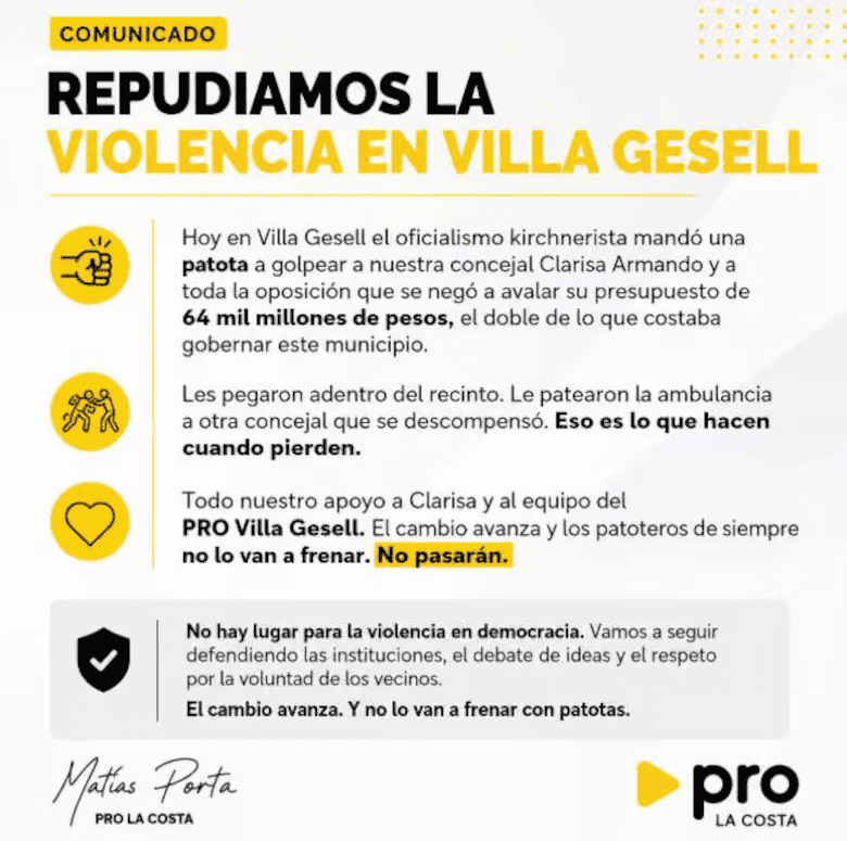 Desde el PRO local denunciaron que “una patota” habría ingresado al recinto para agredir a concejales opositores, entre ellos Clarisa Armando.