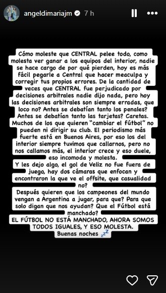 &nbsp;El posteo de Angelito Di María en Instagram.