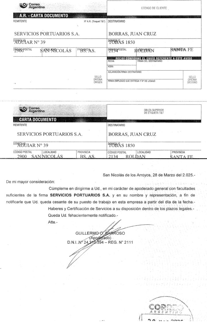 &nbsp;La carta de despido.