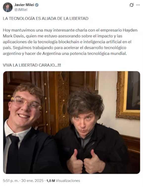 &nbsp;El tuit de Milei con Hayden Davis del 30 de enero de 2025, 15 días antes del lanzamiento de $Libra.