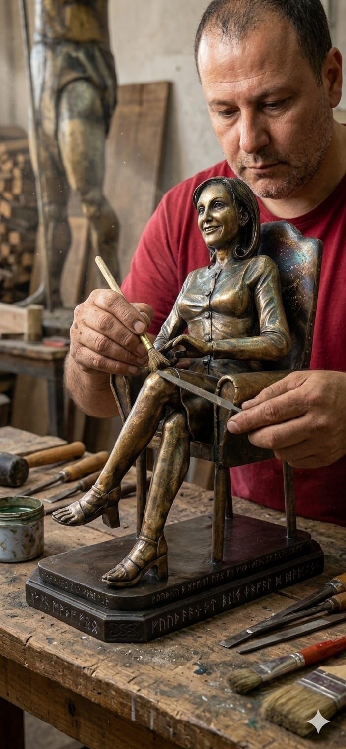 Melero con su modelo de la polémica escultura.&nbsp;