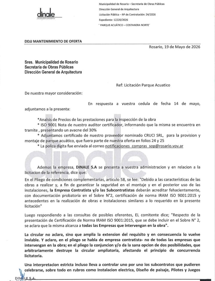 &nbsp;La carta de Dinale a la Municipalidad