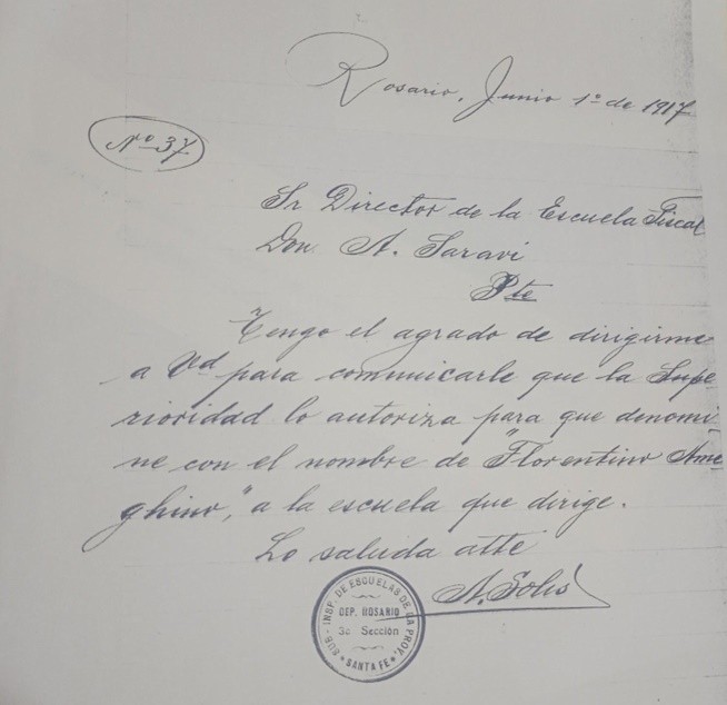 Copia del acta con la cual el inspector autoriza a José A. Saraví a denominar a la escuela “Florentino Ameghino”, el 1 de junio de 191.&nbsp;
