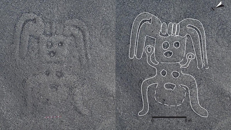 Antes y después de un geoglifo de Nazca identificado con ayuda de la IA.