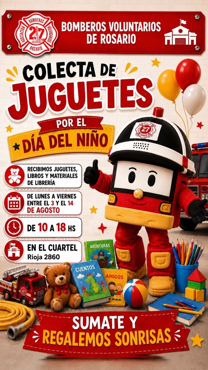 La colecta de juguetes, libros y materiales de librería que organizan los Bomberos Voluntarios en Rosario.