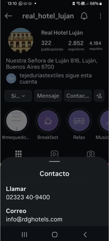 Captura de la cuenta falsa de Instagram que Natalia Verónica Gómez compartió, desde la que fue redirigida a un WhatsApp para concretar la reserva por la visita del Papa.