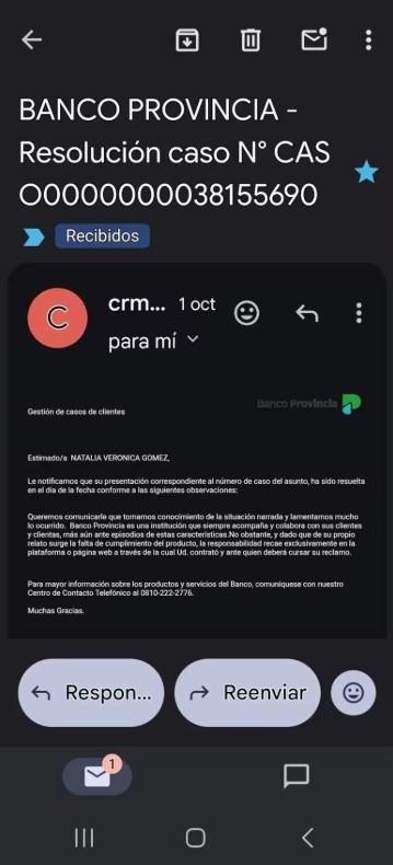 Correo electrónico del Banco Provincia que Natalia Verónica Gómez compartió con La Nación, vinculado con el reclamo que presentó tras transferir $500.000 por una reserva falsa.&nbsp;